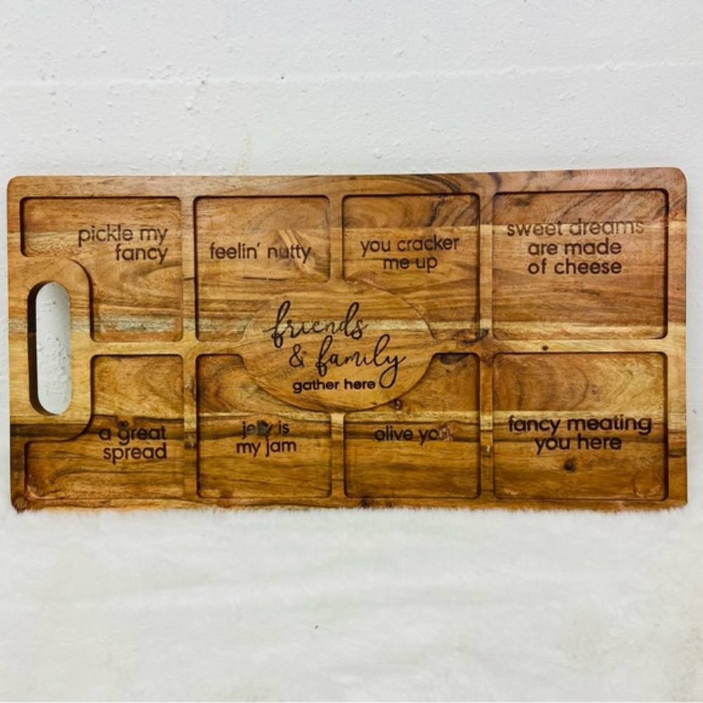 NWOT Kirkland home Engraved Wood cheeky Charcuterie Board Friends & Family